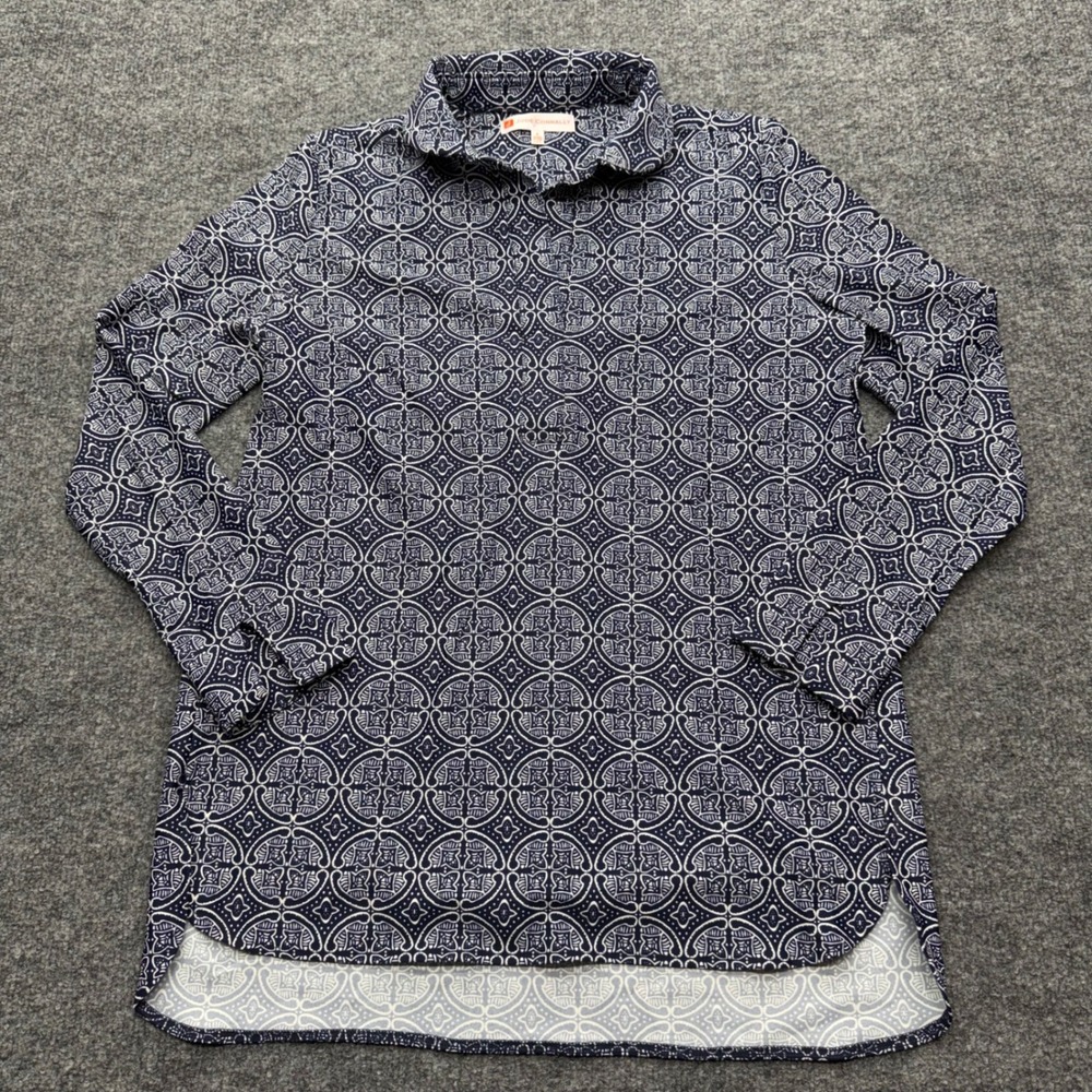 Jude Connally Navy White Geometric Medallion Tunic Top Long Sleeve Small 301192